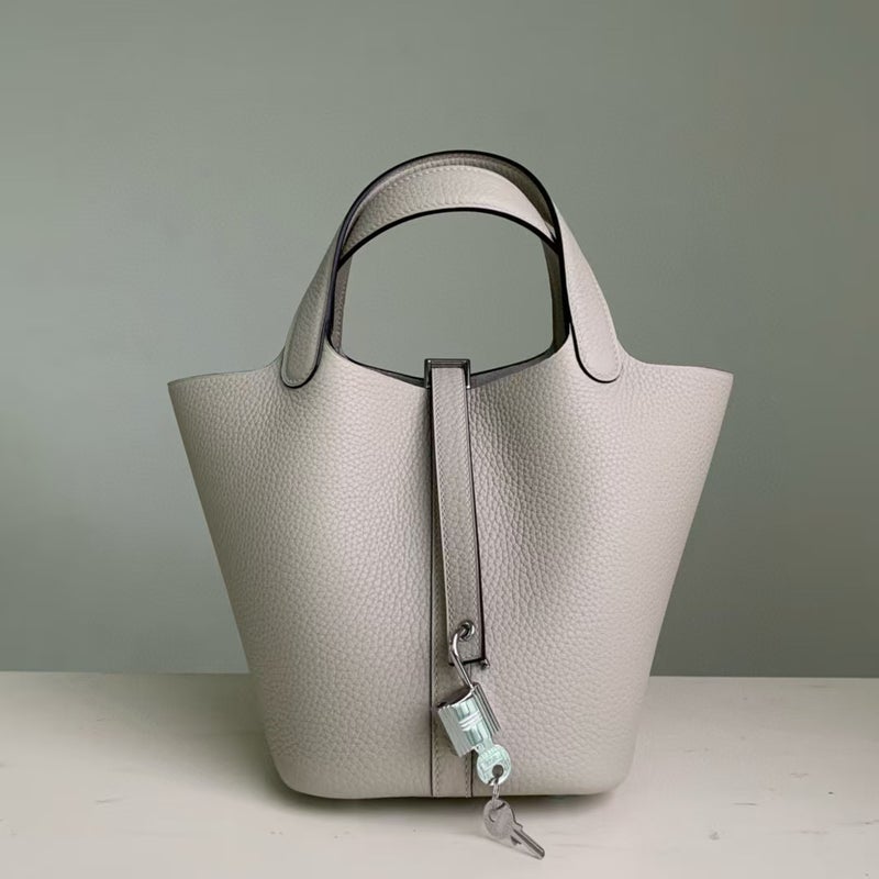 18cm Wax Line Hand Sewed TC Top Layer Cowhide Vegetable Basket Bag Bucket Bag Genuine Leather Womens Bag Handbag Pearl gray 