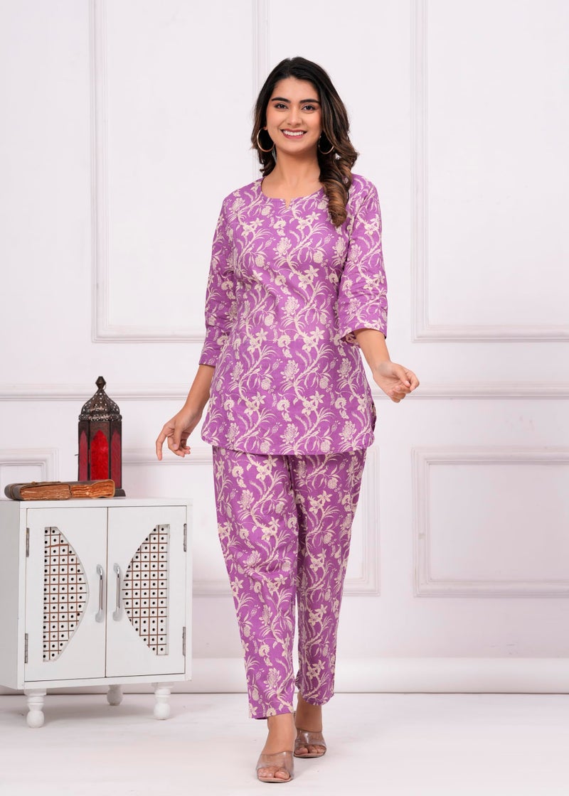 MEERA FAB Women Cotton Knee Length Pure Cotton Printed Pajama Set Night Suit Purple, Large - Image 2