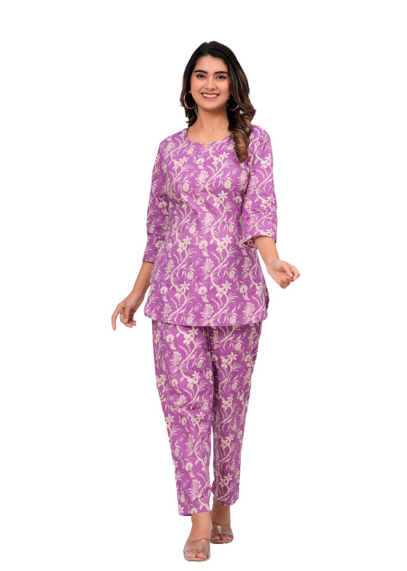 MEERA FAB Women Cotton Knee Length Pure Cotton Printed Pajama Set Night Suit Purple, Large - Image 1