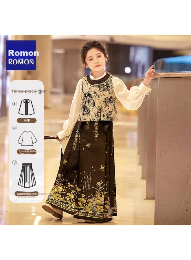 ROMON Romon Ma Mian Skirt Chinese Style Spring And Summer Hanfu Girls' Suit Performance Costume Jinyu Weaving Gold Ma Mian Skirt Three-piece Set 150 