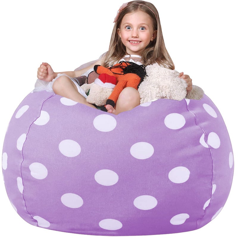WEKAPO Stuffed Animal Storage Bean Bag Chair Cover for Kids Stuffable Zipper Beanbag for Organizing Children Plush Toys Large Premium Cotton Canvas Purple Dot XXLarge