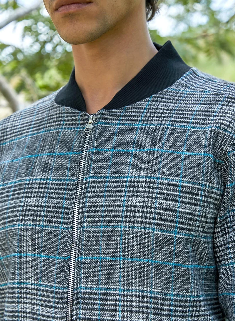 Campus Sutra Men's Black Tartan Plaid Jacket With Ribbed Hem