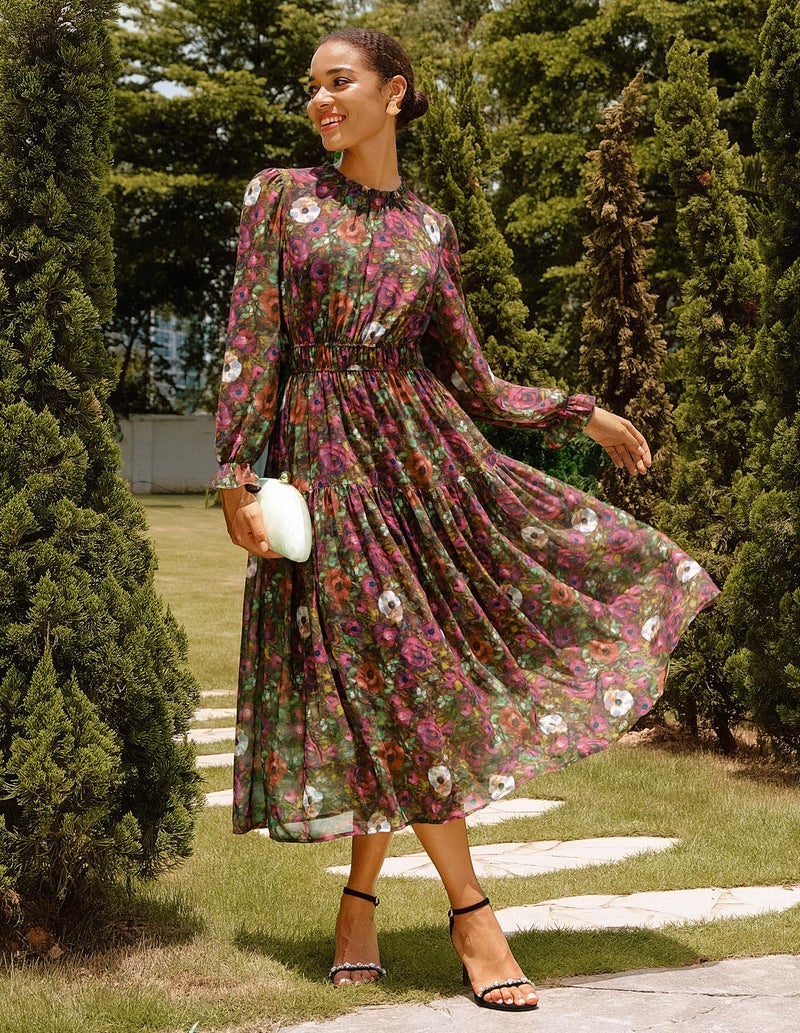 GRACE KARIN 2025 Fall Long Sleeve Dress for Women Crew Neck Smocked Ruffle Chiffon Flowy Maxi Dress with Pockets Vintage M - Image 2