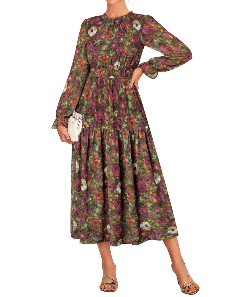 GRACE KARIN 2025 Fall Long Sleeve Dress for Women Crew Neck Smocked Ruffle Chiffon Flowy Maxi Dress with Pockets Vintage M - Image 1