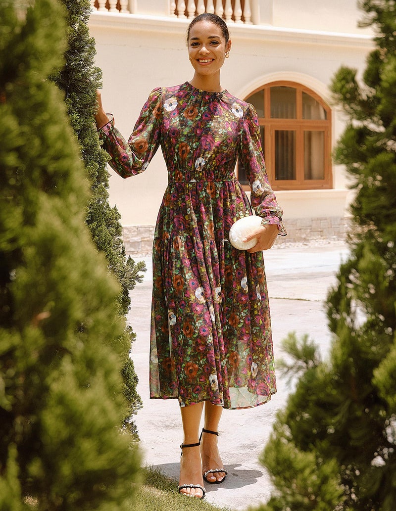 GRACE KARIN 2025 Fall Long Sleeve Dress for Women Crew Neck Smocked Ruffle Chiffon Flowy Maxi Dress with Pockets Vintage M - Image 3