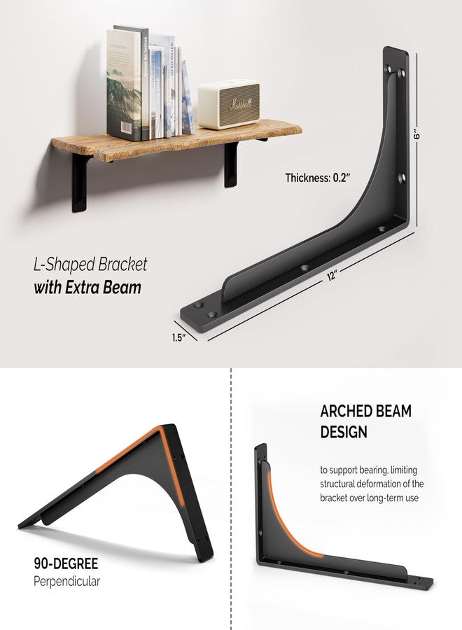 BATODA 12” Shelf Brackets with Beam (4pcs) - L Shelf Brackets Black - Hook Brackets for Floating Shelves - Wall Mounted Support for DIY Open Shelving - Mounting Hardware Included (Pack 4) (4, 12 Inch) - Image 2