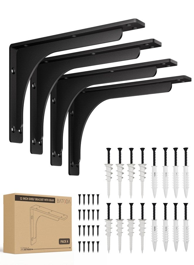 BATODA 12” Shelf Brackets with Beam (4pcs) - L Shelf Brackets Black - Hook Brackets for Floating Shelves - Wall Mounted Support for DIY Open Shelving - Mounting Hardware Included (Pack 4) (4, 12 Inch) - Image 1