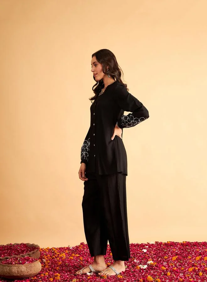 SASSAFRAS Floral Embroidered Sleeve Shirt and Pants Co-Ords