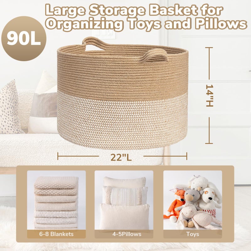Goodpick Large Woven Storage Basket 21.7x13.8 Inch, White & Jute Laundry Hamper with Handles for Clothes, Blankets, Pillows, Blanket Basket for Living Room, Bedroom - Image 3