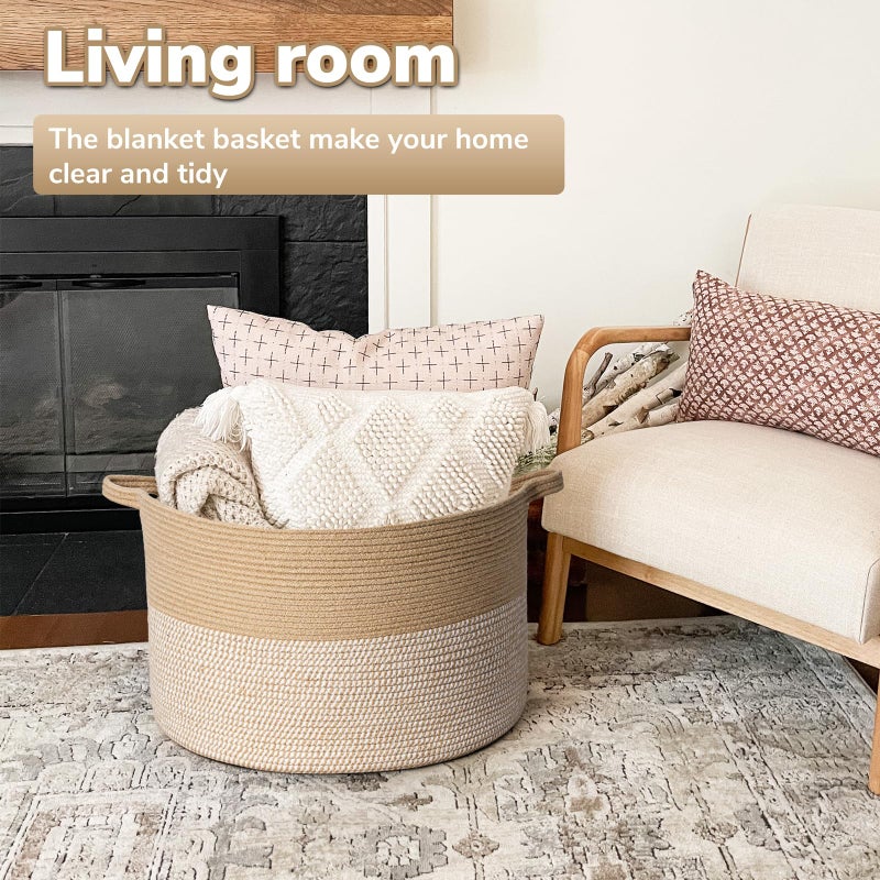 Goodpick Large Woven Storage Basket 21.7x13.8 Inch, White & Jute Laundry Hamper with Handles for Clothes, Blankets, Pillows, Blanket Basket for Living Room, Bedroom - Image 2