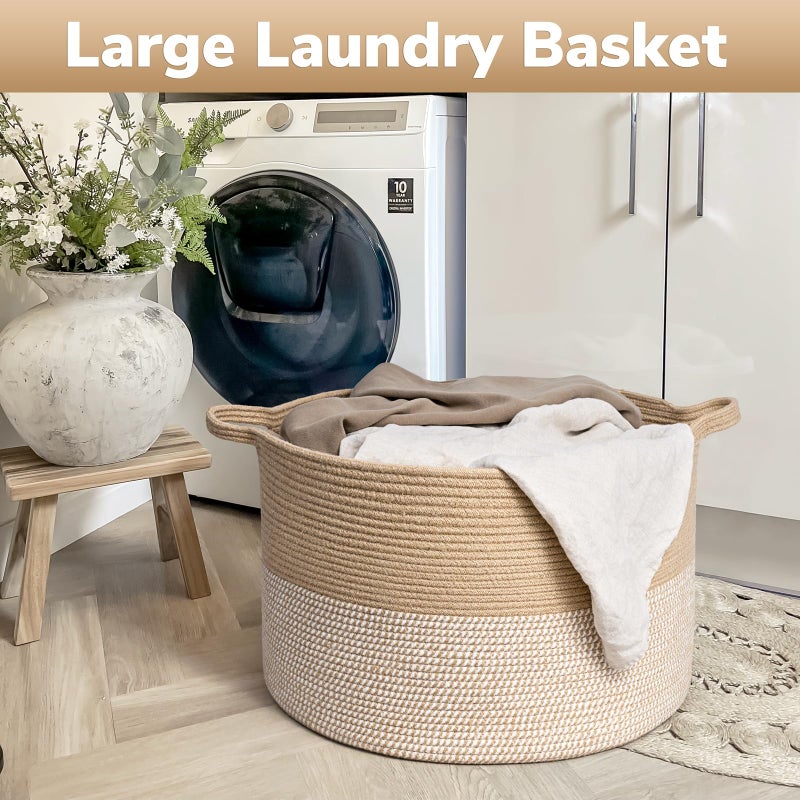 Goodpick Large Woven Storage Basket 21.7x13.8 Inch, White & Jute Laundry Hamper with Handles for Clothes, Blankets, Pillows, Blanket Basket for Living Room, Bedroom - Image 4
