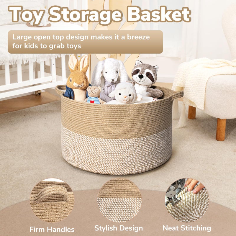 Goodpick Large Woven Storage Basket 21.7x13.8 Inch, White & Jute Laundry Hamper with Handles for Clothes, Blankets, Pillows, Blanket Basket for Living Room, Bedroom - Image 5
