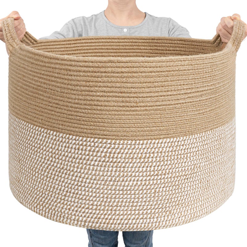 Goodpick Large Woven Storage Basket 21.7x13.8 Inch, White & Jute Laundry Hamper with Handles for Clothes, Blankets, Pillows, Blanket Basket for Living Room, Bedroom - Image 1