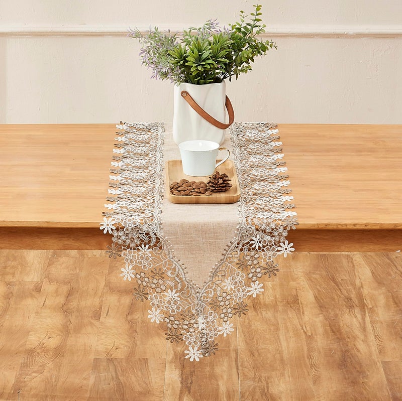Winotic Natural Neutral Earth Tones Beige Floral Lace Table Runner Dresser Scarf 72 inches Long for Home Decor (16â€ x72â€, Natural) - Image 2