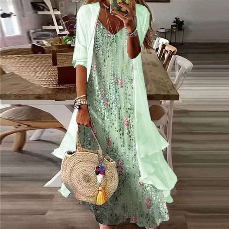 2025 New Women'S Inner Dress Two-Piece Jacket Chiffon Printed Dress - Image 1