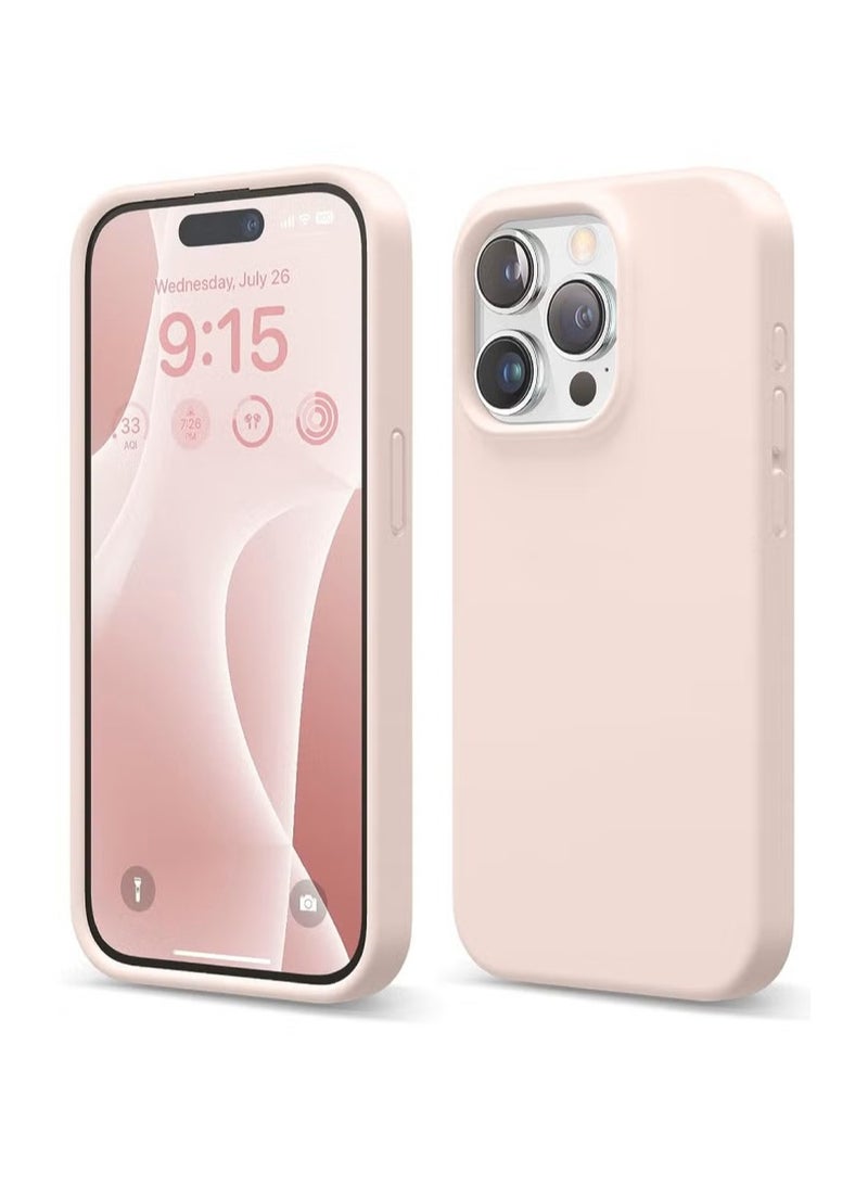 عام جراب سيليكون سائل فاخر لهاتف آيفون 15 برو ماكس - غطاء واقٍ رفيع وناعم الملمس مع بطانة من الألياف الدقيقة - وردي فاتح - Image 1