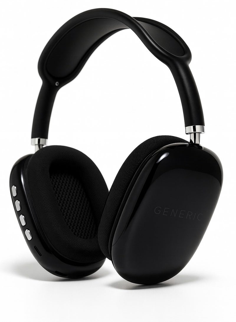 سماعة بلوتوث P9 أوفر إير (Generic) شحن Type-C، ميكروفون مدمج، دعم كارت ميموري وAUX، أسود لامع