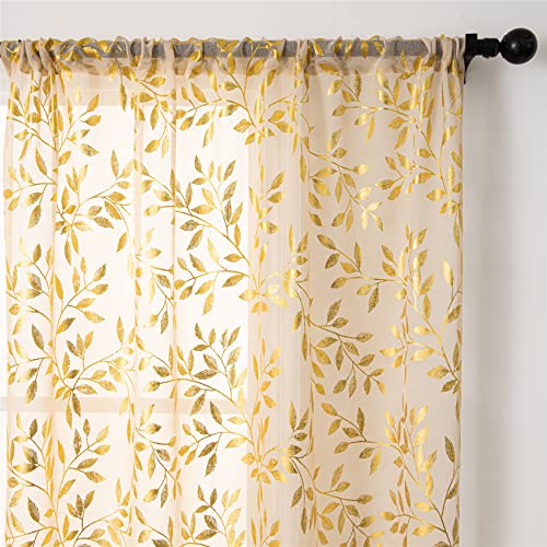 Deeprove Beige Sheer Curtains 84 Inches Long 2 Panels Set, Gold Foil Metallic Vine Leaves Print Window Treatments for Nursery Bedroom, Golden Bronzing Privacy Drapes Pair, Rod Pocket 52" W x 84" L - Image 4