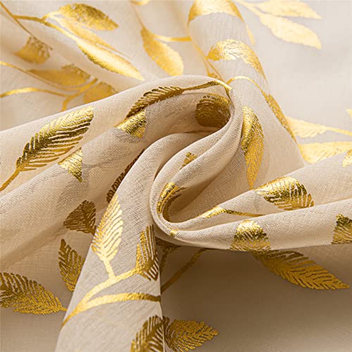 Deeprove Beige Sheer Curtains 84 Inches Long 2 Panels Set, Gold Foil Metallic Vine Leaves Print Window Treatments for Nursery Bedroom, Golden Bronzing Privacy Drapes Pair, Rod Pocket 52" W x 84" L - Image 3