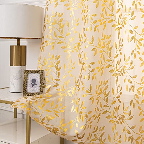 Deeprove Beige Sheer Curtains 84 Inches Long 2 Panels Set, Gold Foil Metallic Vine Leaves Print Window Treatments for Nursery Bedroom, Golden Bronzing Privacy Drapes Pair, Rod Pocket 52" W x 84" L - Image 2