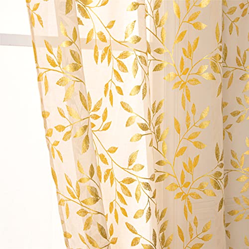 Deeprove Beige Sheer Curtains 84 Inches Long 2 Panels Set, Gold Foil Metallic Vine Leaves Print Window Treatments for Nursery Bedroom, Golden Bronzing Privacy Drapes Pair, Rod Pocket 52" W x 84" L - Image 1