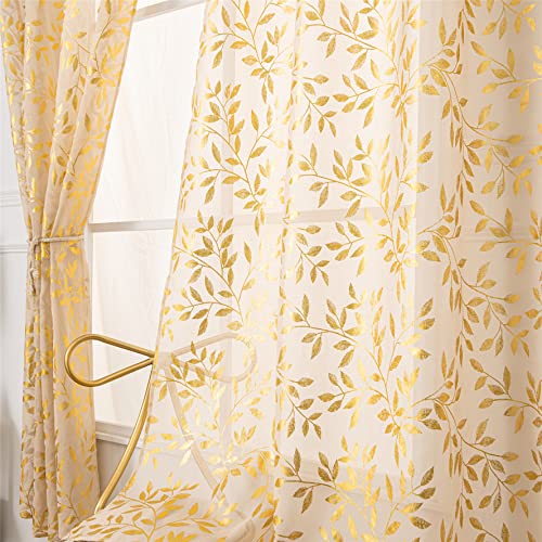 Deeprove Beige Sheer Curtains 84 Inches Long 2 Panels Set, Gold Foil Metallic Vine Leaves Print Window Treatments for Nursery Bedroom, Golden Bronzing Privacy Drapes Pair, Rod Pocket 52" W x 84" L - Image 5