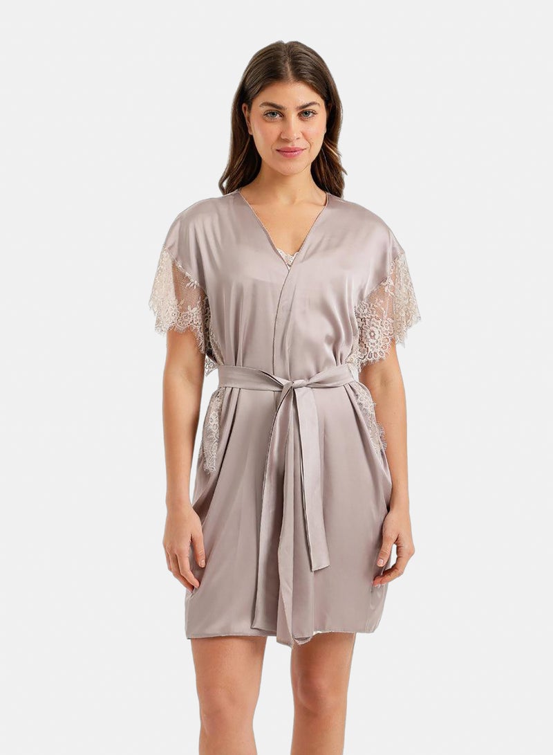 Carina Lace-Sleeve Satin Robe - Image 1