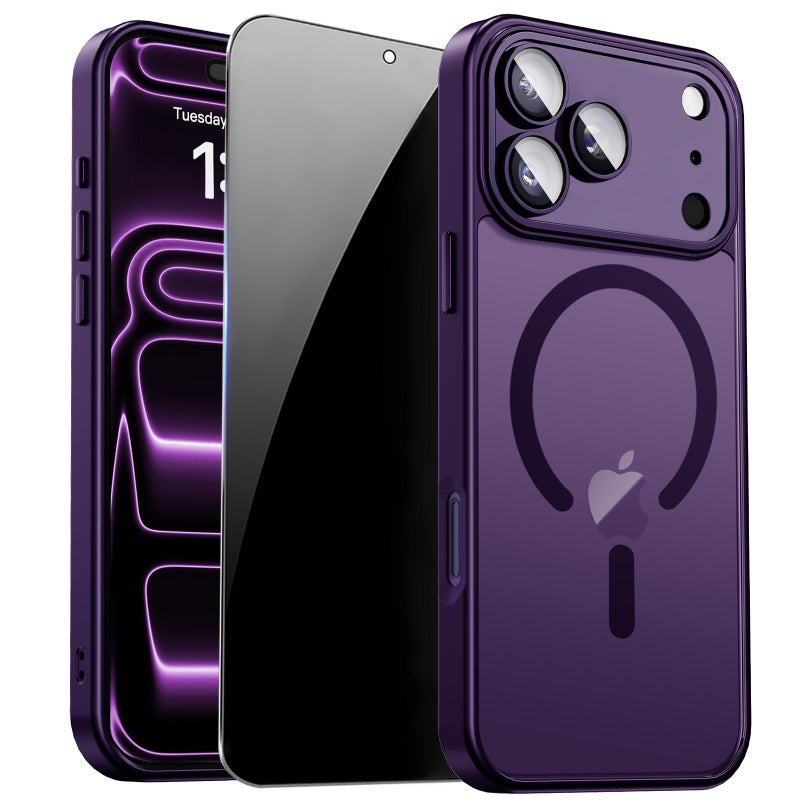 ZOZDOKG Magnetic for iPhone 17 Pro Max Case with Privacy Screen Protector & Camera Protection, Compatible with MagSafe Matte Shockproof Phone Case for iPhone 17 ProMax Women Girls, Purple - Image 1