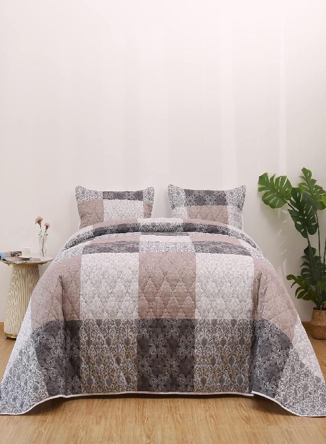 HOMBYS HOMBYS Oversized King Bedspread 128x120, Lightweight & Soft Oversized King Quilt Set, Patchwork Floral Coverlet with Shams for All Seasons-Grey&White&Brown  - Image 1