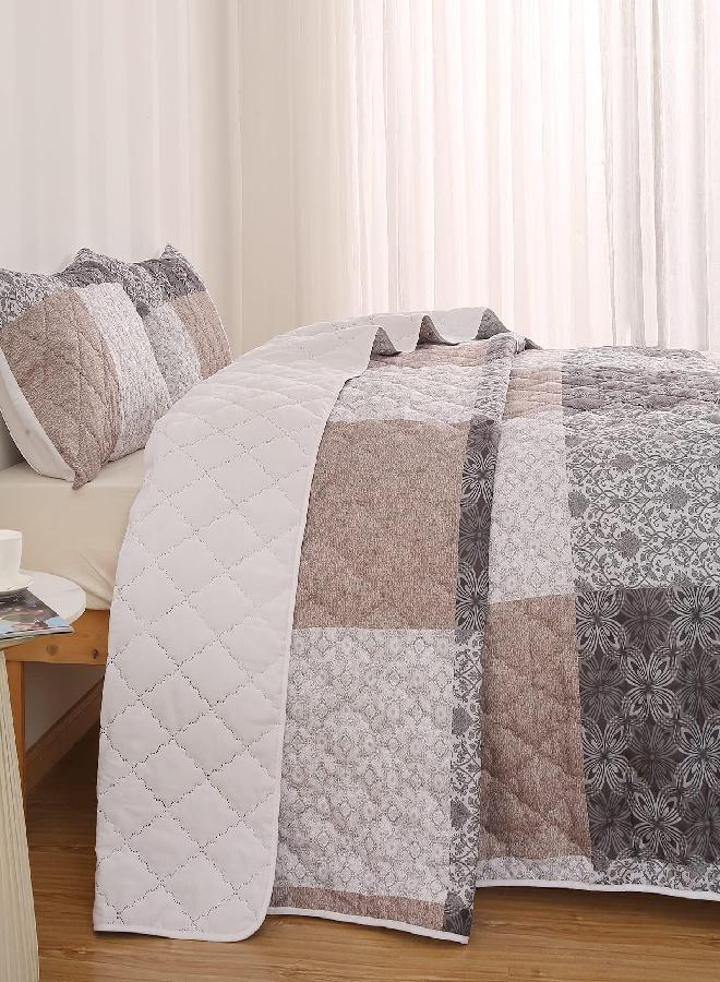 HOMBYS HOMBYS Oversized King Bedspread 128x120, Lightweight & Soft Oversized King Quilt Set, Patchwork Floral Coverlet with Shams for All Seasons-Grey&White&Brown  - Image 3