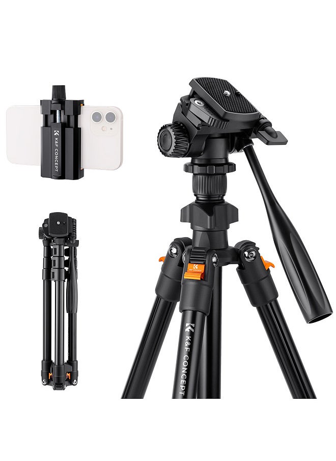 K&F Concept Portable Camera Tripod Stand Aluminum Alloy 162cm/63.8in Max. Height 3kg/6.6lbs Load Capacity Photography Travel Tripod with Phone Holder Carrying Bag for DSLR Cameras Smartphones  - Image 1