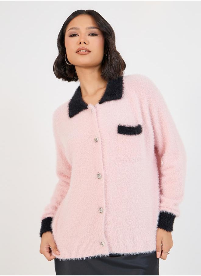Styli Regular Fit Fuzzy Yarn Cardigan with Contrast Cuff  - Image 1