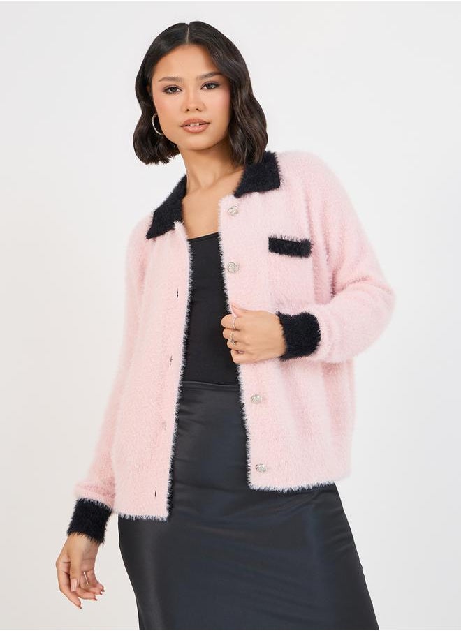 Styli Regular Fit Fuzzy Yarn Cardigan with Contrast Cuff  - Image 3