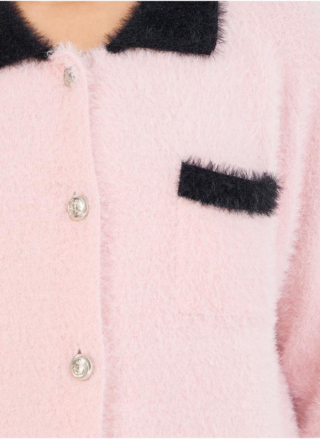 Styli Regular Fit Fuzzy Yarn Cardigan with Contrast Cuff  - Image 4