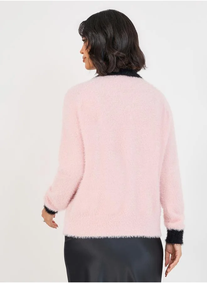 Styli Regular Fit Fuzzy Yarn Cardigan with Contrast Cuff