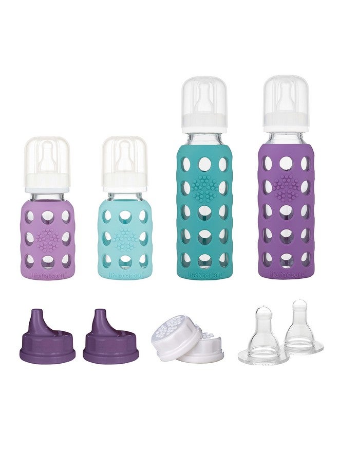 لايف فاكتوري مجموعة Lifefactory المكونة من 4 زجاجات (2) زجاجة رضاعة للأطفال سعة 4 أونصات بلون النعناع/اللافندر (2) زجاجة رضاعة للأطفال سعة 9 أونصات بلون الكرنب/العنب (2) أغطية مسطحة (2) أغطية شرب (2) حلمات للمرحلة الثانية - Image 1