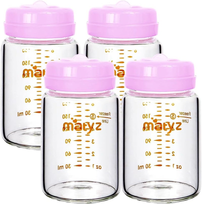 Matyz زجاجات جمع حليب الثدي ماتيز 4 عبوات - 6 أونصات زجاج مع أغطية وردية - Image 1
