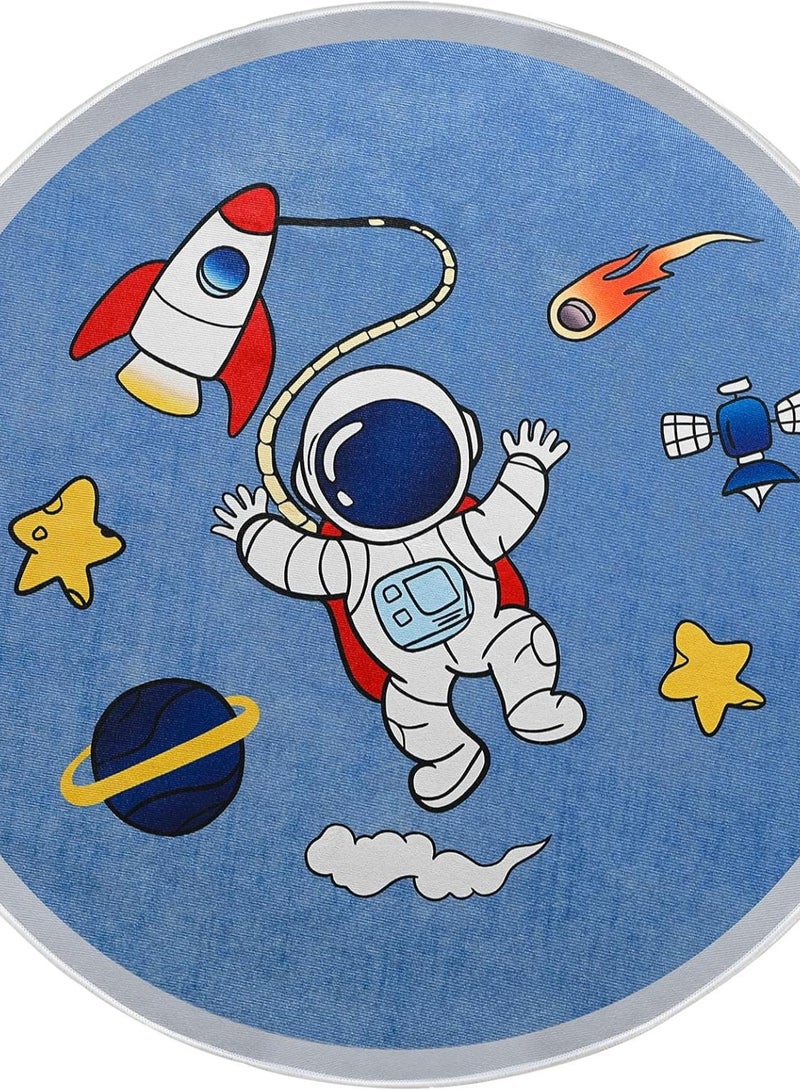Choc chick Space Kids Rug for Playroom Bedroom, Blue Round Area Rugs, Non-Slip Play Mat, Children Toddlers Boys Room Decor 4ft - Image 1