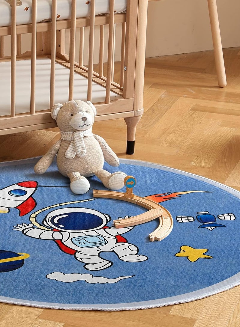 Choc chick Space Kids Rug for Playroom Bedroom, Blue Round Area Rugs, Non-Slip Play Mat, Children Toddlers Boys Room Decor 4ft - Image 2