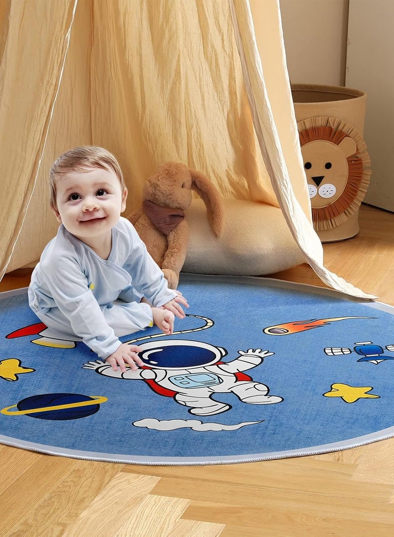 Choc chick Space Kids Rug for Playroom Bedroom, Blue Round Area Rugs, Non-Slip Play Mat, Children Toddlers Boys Room Decor 4ft - Image 4