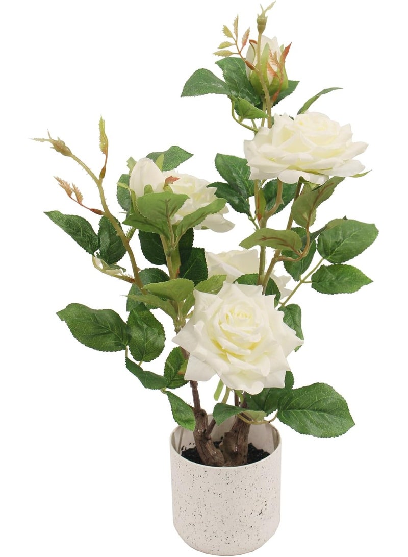 Marcolo Artificial White Rose Bonsai Tree 40cm with Decorative Pot | Faux Rose Flower Indoor Plant for Home, Office Desk & Table Decor - Image 1