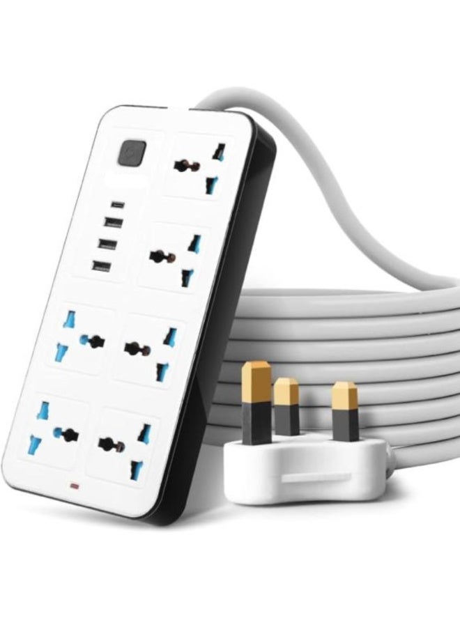 Universal Extension Lead with Multiple FunctionUK Plug 3 Pin Socket Outlet with 6 Gang | 3 USB Port | 1 TypeC Port18M Electric Socket Mains Strip for HomeKitchenand Office White)