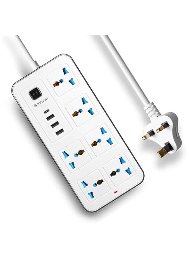 RYNX Universal Extension Lead with Multiple FunctionUK Plug 3 Pin Socket Outlet with 6 Gang | 3 USB Port | 1 TypeC Port18M Electric Socket Mains Strip for HomeKitchenand Office White)  - Image 1