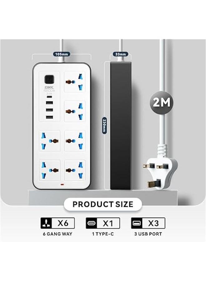 RYNX Universal Extension Lead with Multiple FunctionUK Plug 3 Pin Socket Outlet with 6 Gang | 3 USB Port | 1 TypeC Port18M Electric Socket Mains Strip for HomeKitchenand Office White)  - Image 2