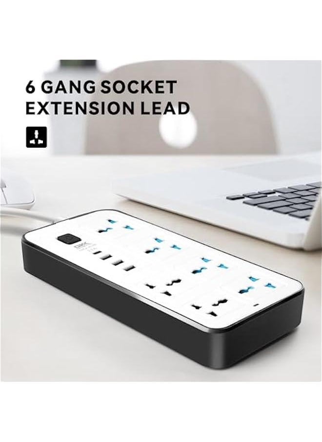 RYNX Universal Extension Lead with Multiple FunctionUK Plug 3 Pin Socket Outlet with 6 Gang | 3 USB Port | 1 TypeC Port18M Electric Socket Mains Strip for HomeKitchenand Office White)  - Image 3