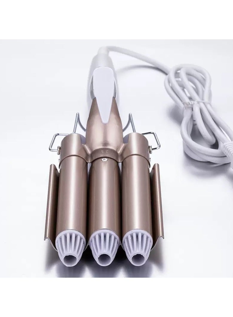 3 برميل محمول تجعيد الشعر مكواة كهربائية أبيض / بيج - Image 2