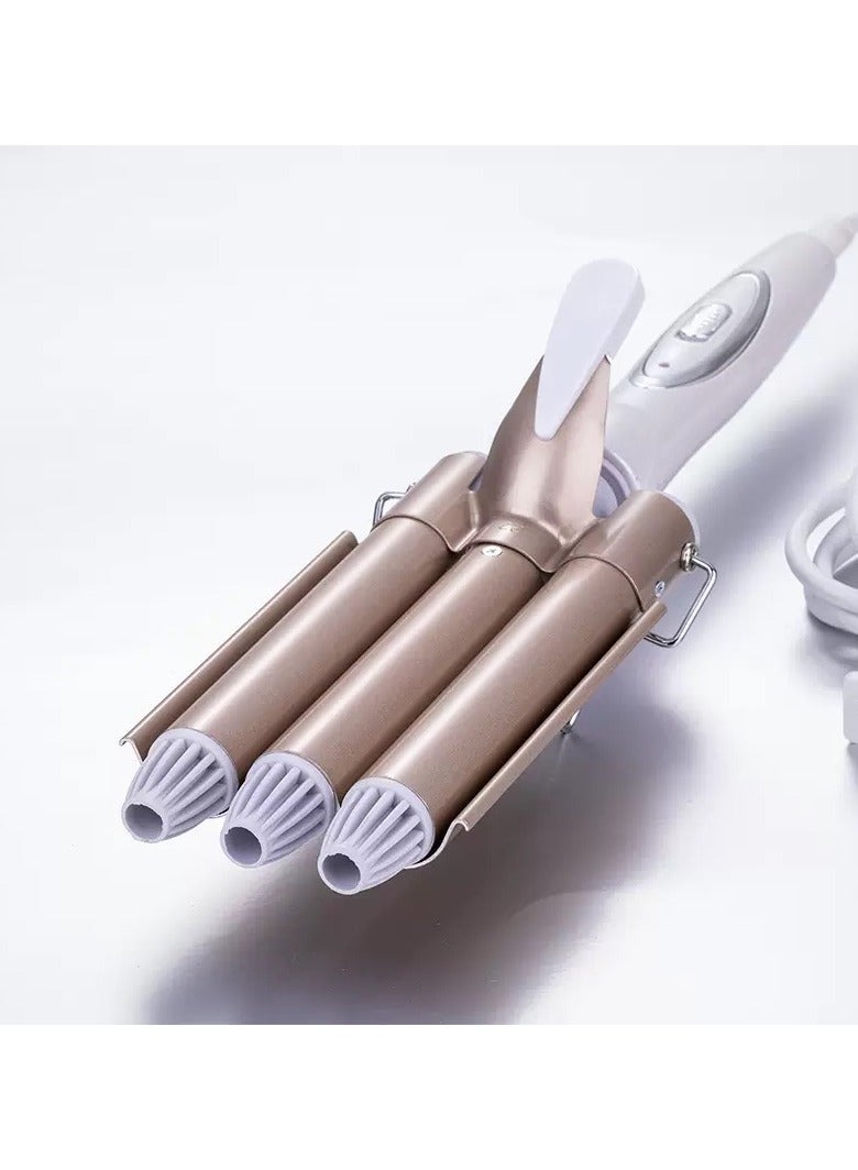 3 برميل محمول تجعيد الشعر مكواة كهربائية أبيض / بيج - Image 3