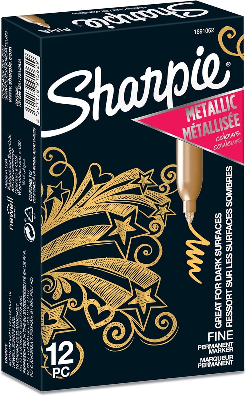 شاربي أقلام Sharpie الملونة الدائمة | نقطة رفيعة | لون ذهبي | عدد 12 قلم - Image 1