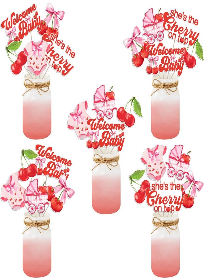 Fangleland 24Pcs Cherry Bow Baby Shower Centerpiece Sticks, She's The Cherry On Top Welcome Baby Table Toppers, Pink Red Cherry Theme Gender Reveal Party Supplies Photo Booth Props - Image 1