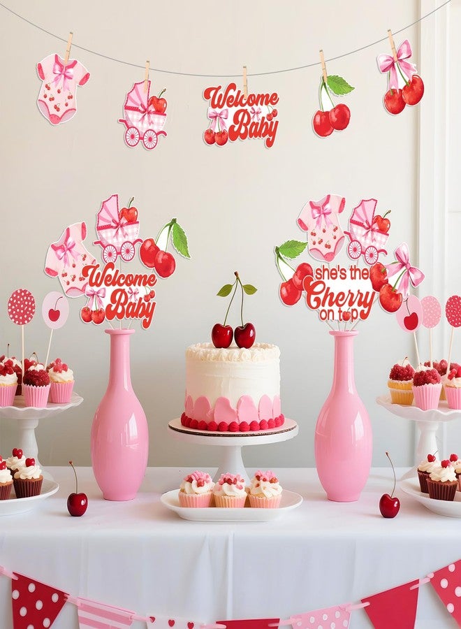 Fangleland 24Pcs Cherry Bow Baby Shower Centerpiece Sticks, She's The Cherry On Top Welcome Baby Table Toppers, Pink Red Cherry Theme Gender Reveal Party Supplies Photo Booth Props - Image 2